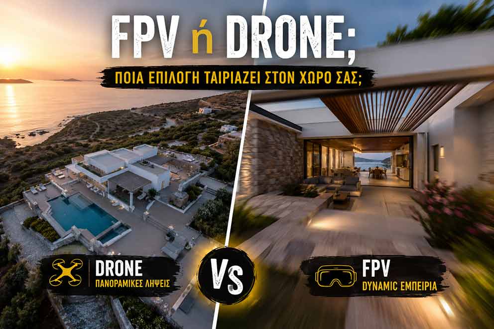 FPV ή Drone σύγκριση με εναέριες λήψεις ξενοδοχείου και επαγγελματικού χώρου