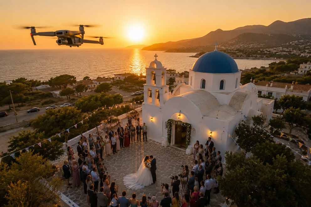 Drone για γάμο το ζευγάρι έξω από την εκκλησία κατά το ηλιοβασίλεμα δημιουργώντας κινηματογραφικές εναέριες λήψεις γάμου.